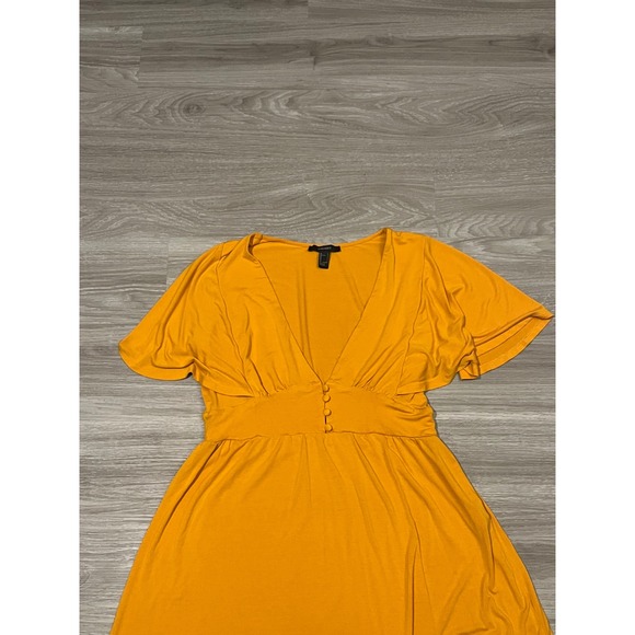 Forever 21 Yellow V Neck Flutter Sleeve Maxi Dress Button Front Slit Size L - Picture 3 of 7